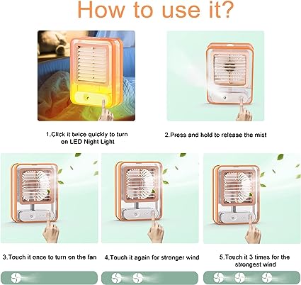 Rechargeable Battery Operated Mini Usb Fan With Mist Water Spray Mini Cooler With Led Night Light Mini Ac Personal Air Cooler Desk Fan For Office Kitchen Home.. - Homie Mart