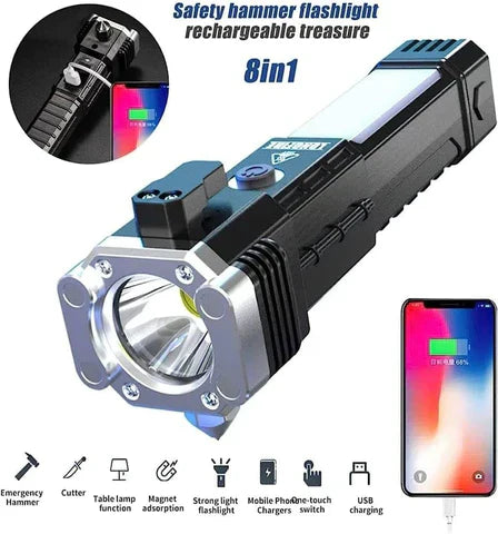 Rechargeable Long Distance Beam Range Car Rescue Torch with Hammer Window Glass and Seat Belt Cutter Built in Mobile USB Fast Charger Power Bank darvaza.pk