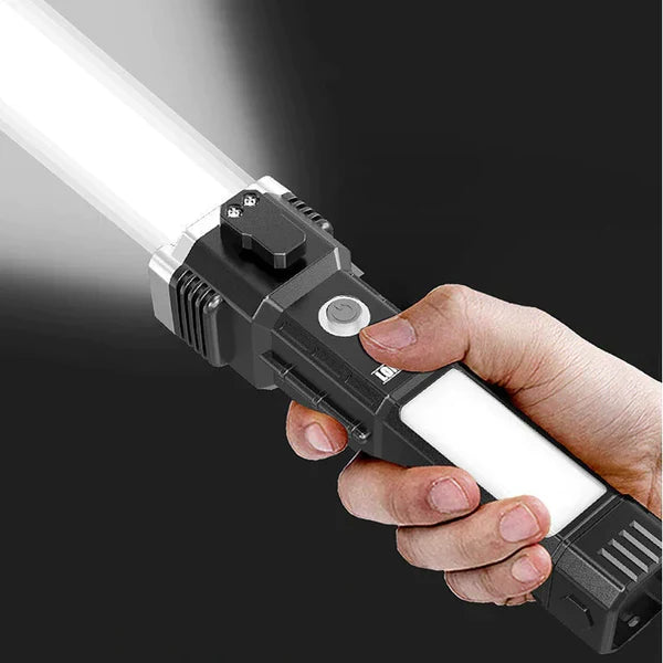Rechargeable Long Distance Beam Range Car Rescue Torch with Hammer Window Glass and Seat Belt Cutter Built in Mobile USB Fast Charger Power Bank darvaza.pk