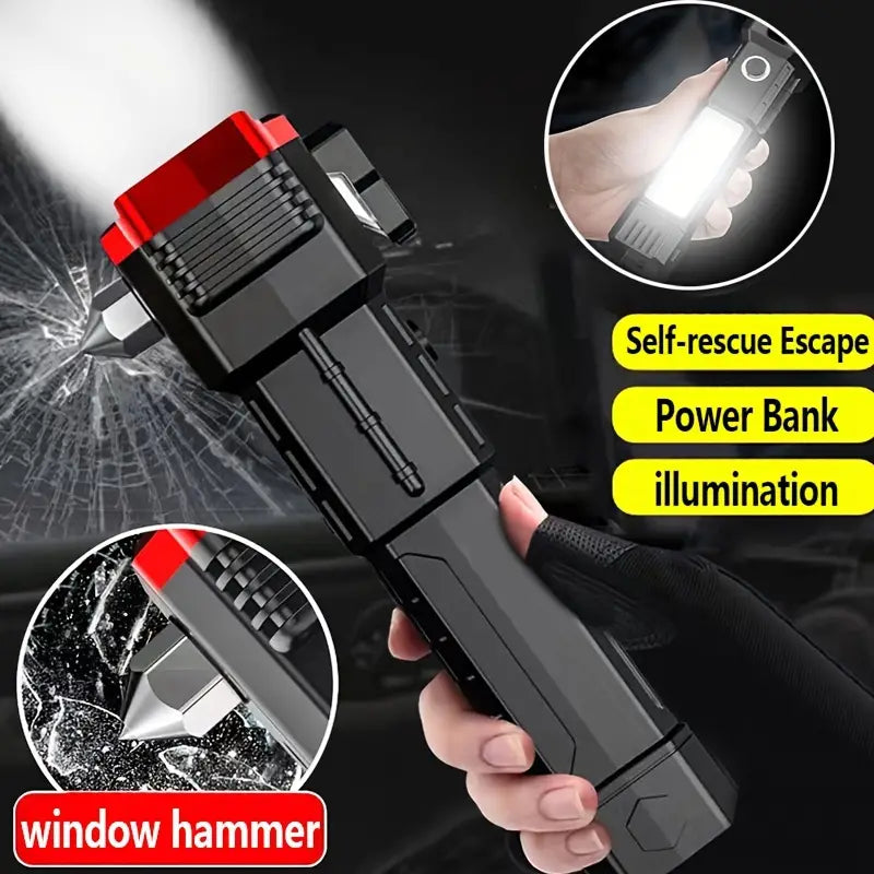 Rechargeable Long Distance Beam Range Car Rescue Torch with Hammer Window Glass and Seat Belt Cutter Built in Mobile USB Fast Charger Power Bank darvaza.pk
