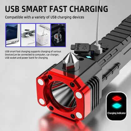 Rechargeable Long Distance Beam Range Car Rescue Torch with Hammer Window Glass and Seat Belt Cutter Built in Mobile USB Fast Charger Power Bank darvaza.pk